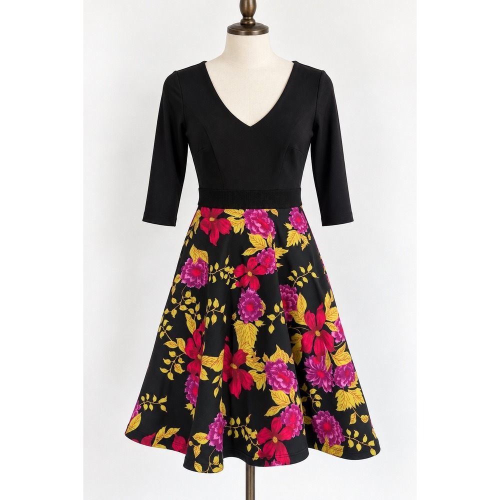 Plenty by Tracy Reese Fit & Flare Dress Women 4 Black Floral Whimsical Dress NWT